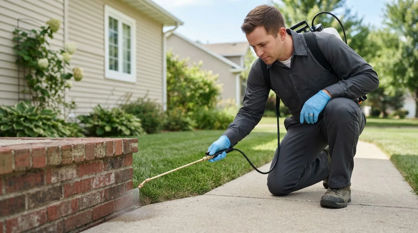 Pest control technician treating a home near Cairo, MO